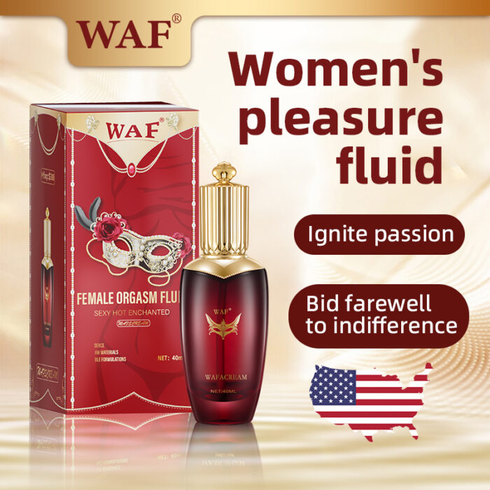 The image shows WAF's "Women's pleasure fluid," designed to enhance female orgasm. The luxurious red and gold packaging features floral and mask designs. Phrases like "Ignite passion" and "Bid farewell to indifference" highlight its purpose. The American flag suggests a target market in the USA.