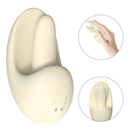 A compact, cream-colored vibrator with a unique, ergonomic design. It features a U-shaped structure with a soft, flexible material. The device is shown to fit comfortably in hand, emphasizing ease of use and discreetness.