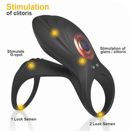 a black vibrating cock ring with multiple stimulation points labeled for clitoris, G-spot, glans, and semen locking. The device is designed to enhance pleasure for both partners during intimate activities.