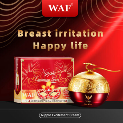 The image displays WAF's "Nipple Excitement Cream," designed for enhancing breast sensitivity. The packaging is in red and gold, featuring elegant designs and text that reads "Breast irritation, Happy life." The product is presented as a luxurious item for intimate pleasure, promoting an enriched and enjoyable experience.