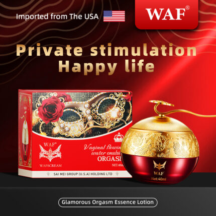 The image showcases WAF's "Glamorous Orgasm Essence Lotion," a female orgasm enhancer. The red and gold packaging features an intricate mask design and promotes "Private stimulation, Happy life." The product is marked as "Imported from The USA," emphasizing its origin.