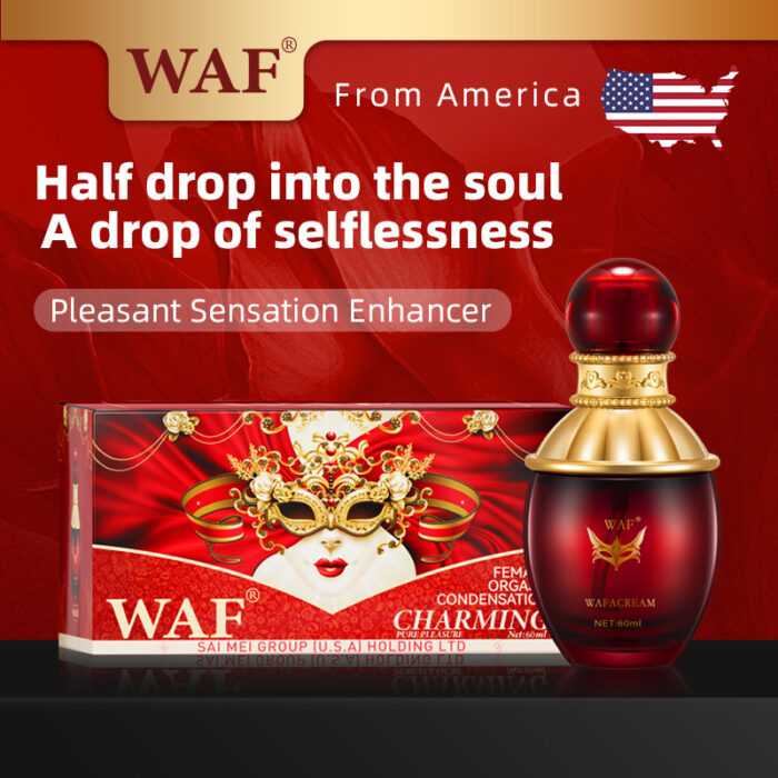 The image displays WAF's "Pleasant Sensation Enhancer," a female orgasm enhancer. The elegant red and gold packaging features a mask design and phrases like "Half drop into the soul, A drop of selflessness." The product is labeled "From America," indicating its origin or market focus.