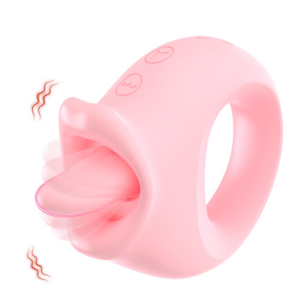 a pink silicone vibrating ring with a tongue-like protrusion. The device is designed for intimate stimulation, providing both vibration and licking sensations. The buttons on the surface indicate multiple modes and intensities for customizable pleasure. The visual effects around the device highlight its vibrating function, emphasizing its capability to enhance sensory experiences.