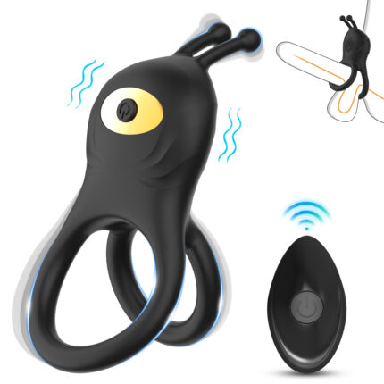 a black vibrating cock ring designed with a unique and playful character shape. The device includes dual rings for enhanced support and pleasure, and it comes with a wireless remote control for easy operation. An inset shows how the device is worn, highlighting its functionality and the added excitement it brings to intimate activities.