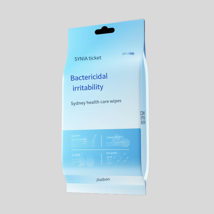 A blue and white package of antibacterial wet wipes labeled "Bactericidal Irritability." The packaging emphasizes safety and health care, suitable for everyday use.