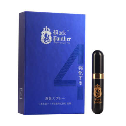 A blue box labeled "Black Panther" with gold text and logo. Next to the box is a black and gold cylindrical container, indicating it is a male enhancement product.