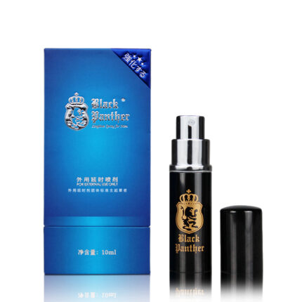 A blue box labeled "Black Panther" with gold text and logo. Next to the box is a black spray bottle with a gold emblem and a removable black cap, indicating it is a male enhancement product.