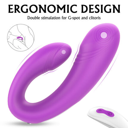 The image displays a purple ergonomic vibrator designed for double stimulation of the G-spot and clitoris. The vibrator features a curved design for optimal comfort and effectiveness. It also comes with a remote control for easy operation.