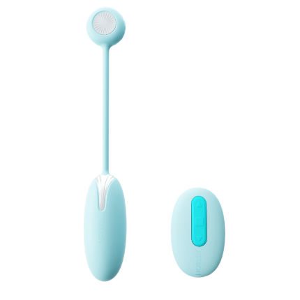 A blue egg-shaped vibrator with a wireless controller and pull ring. Modern design, suitable for enhancing pleasure experience and comfort, easy to operate.