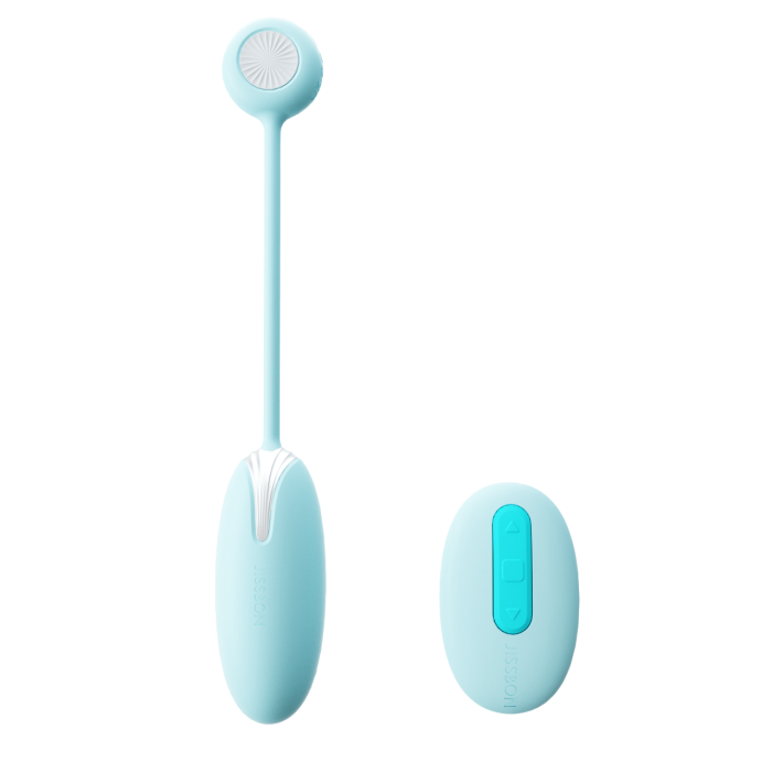 A blue egg-shaped vibrator with a wireless controller and pull ring. Modern design, suitable for enhancing pleasure experience and comfort, easy to operate.