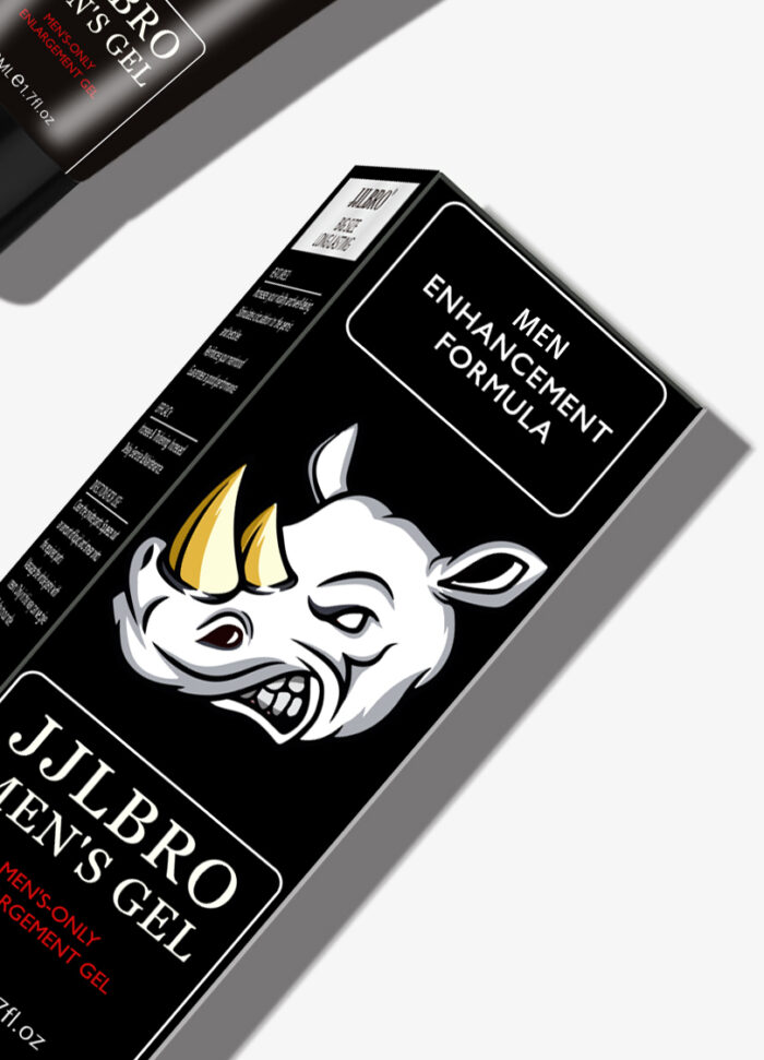 The image shows a product named "JJLBRO Men's Gel" with a rhino graphic on the packaging. It is labeled as a "Men Enhancement Formula." The packaging features bold black and white colors, with additional yellow accents on the rhino's horn. The design is modern and eye-catching, highlighting the product's focus on male enhancement.