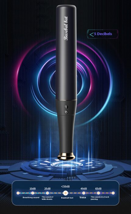 A sleek, black vibrating wand with gold accents is prominently displayed. The background features colorful concentric circles and digital effects, emphasizing the device's powerful and dynamic capabilities.