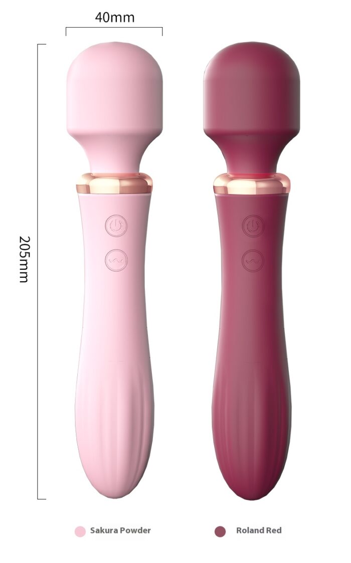 Two handheld massagers, one in light pink and one in dark pink, each with a rounded head and smooth handle. Both feature a gold accent ring near the head and have control buttons on the handle.