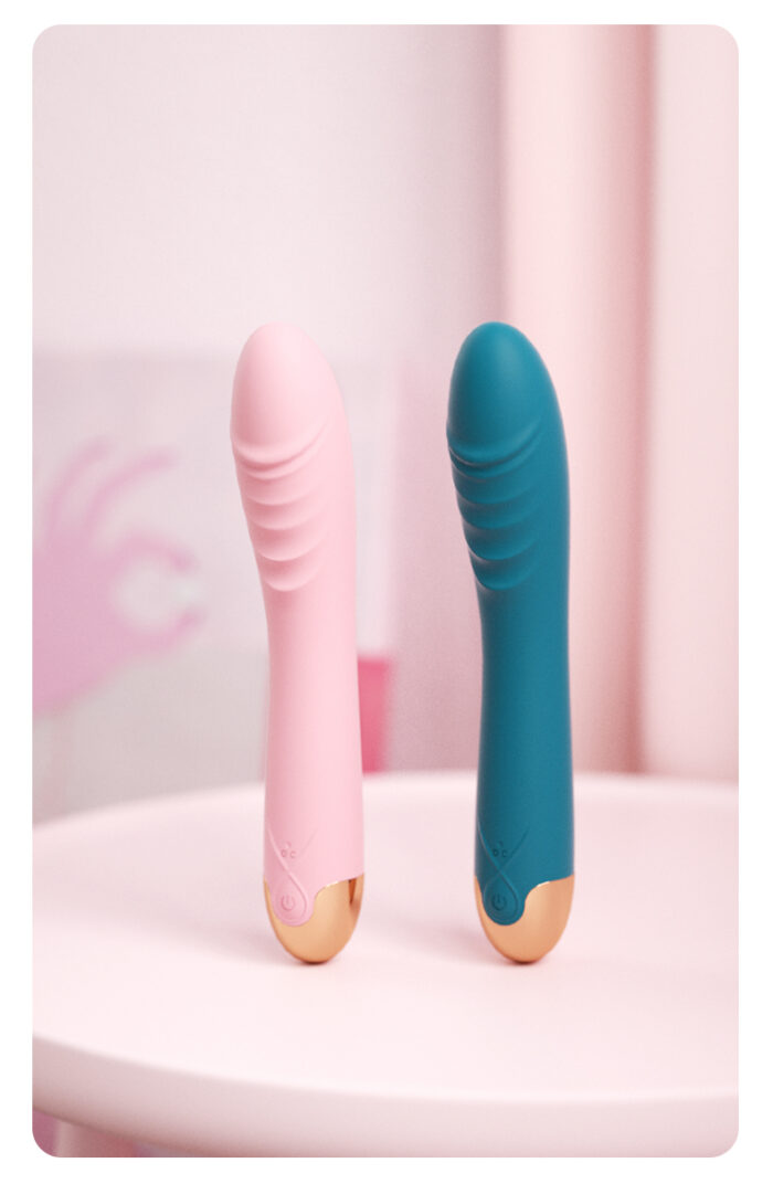 Two vibrators, one in pink and one in teal, each with a smooth, slightly curved design and textured ridges near the tip. Both have a golden accent at the base, adding a touch of elegance.