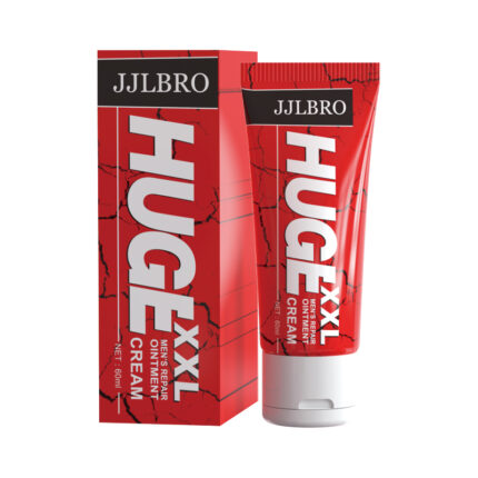 JJLBRO Huge XXL Cream, 60ml, designed to enhance size and boost performance. The vibrant red packaging symbolizes strength and power. Ideal for men seeking greater confidence and prolonged stamina. Achieve your ultimate potential with this potent formula.