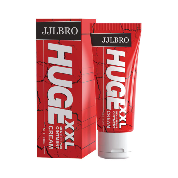 JJLBRO Huge XXL Cream, 60ml, designed to enhance size and boost performance. The vibrant red packaging symbolizes strength and power. Ideal for men seeking greater confidence and prolonged stamina. Achieve your ultimate potential with this potent formula.