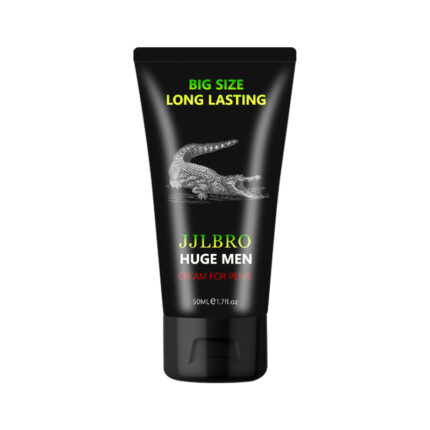 JJLBRO Huge Men Cream, 50ml, enhances size and stamina. Promotes longer-lasting performance with a potent formula. The black packaging with a crocodile image emphasizes strength and power. Perfect for men seeking increased confidence and satisfaction.