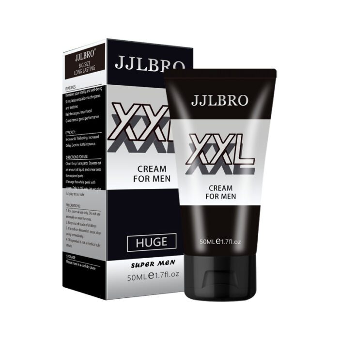 JJLBRO XXL Cream for Men, 50ml, designed to enhance male performance and confidence. This cream promotes increased size and stamina. Its sleek black and silver packaging reflects its premium quality. Ideal for men seeking improved personal satisfaction and confidence.