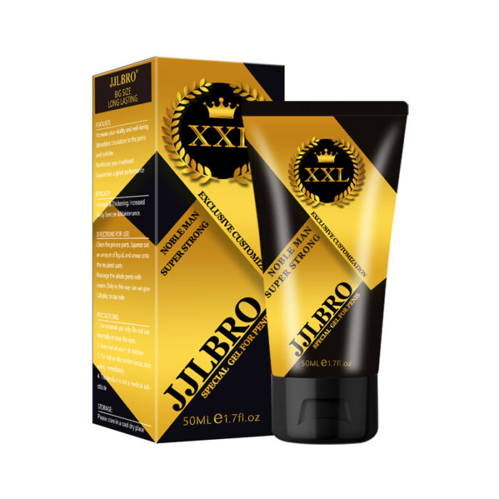 JJLBRO Men's Gel, 50ml, boosts male enhancement and performance. With bold black and gold packaging, it promises increased size and stamina. The formula aims to improve confidence and satisfaction, making it a top choice for men's personal care.