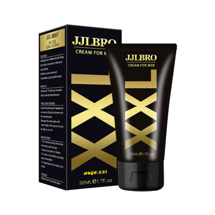 JJLBRO Cream for Men enhances male performance and confidence. This 50ml tube, designed for easy use, features striking black and gold packaging with "XXL" branding. It targets increased size and satisfaction, promoting overall enhancement and performance for men.