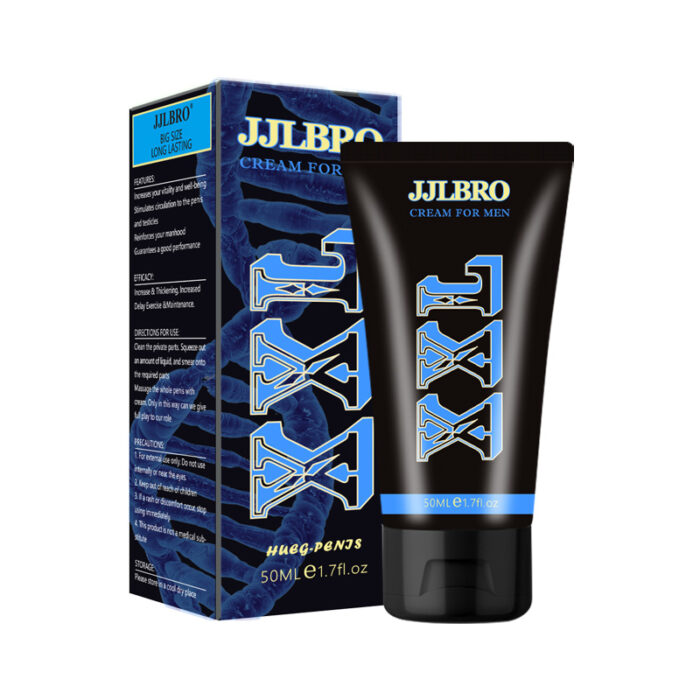 JJLBRO Cream for Men promotes male enhancement and performance. Packaged in sleek black with bold blue accents and "XXL" branding, it aims to increase size and boost confidence. The 50ml tube is designed for easy application, targeting enhanced satisfaction and performance.