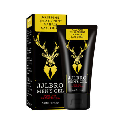 The "JJLBRO Men's Gel" is designed for male penis enlargement and massage care. It features a bold black and yellow packaging with a geometric deer design, symbolizing strength and masculinity. The product aims to enhance size, performance, and confidence.