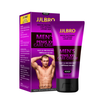 The image shows a product named "JJLBRO Men's Penis XXL Care Cream." The packaging is predominantly purple with black accents and features a muscular male model. The product is labeled to provide "Sexual Excitement," "Last Longer," and "Larger Size." The tube and box emphasize the product's benefits for male enhancement, aiming to boost confidence and performance. The packaging design is modern and bold, targeting men looking for enhancement products.