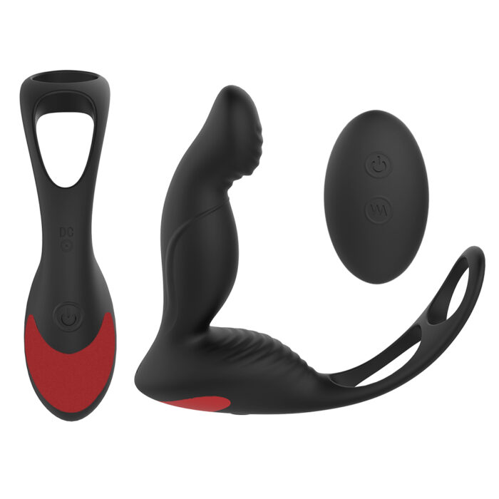 This image showcases a versatile black and red silicone sex toy designed for prostate stimulation. The set includes an ergonomic prostate massager with a contoured shape for targeted pleasure, a separate vibrating ring for added stimulation, and a remote control for convenient operation. This toy is designed for both solo and partner play, providing multiple vibration modes to enhance the experience.