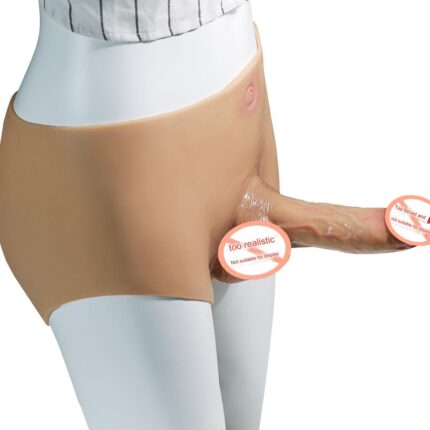 A mannequin torso is displayed wearing the "Female Wearable Simulation Electric Retractable Penis Female Masturbator Lala Les Hollow Adult Sex Product," a skin-tone prosthetic accessory with attached male genitalia. The prosthetic is covered with circular stickers that read "too realistic" and "not suitable for display." The mannequin is also partially dressed in striped pants.