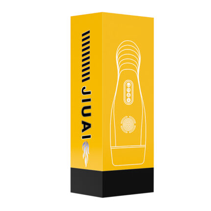 The product packaging box for the "Male masturbator fully automatic airplane cup clamp suction manual retractable cup adult sex sex products" is yellow and rectangular, featuring the word "JIUAI" vertically aligned on one side. The design includes an outline sketch of a handheld device with buttons on its front, displayed prominently. The bottom part of the box is black, contributing to its clean and modern overall aesthetic.