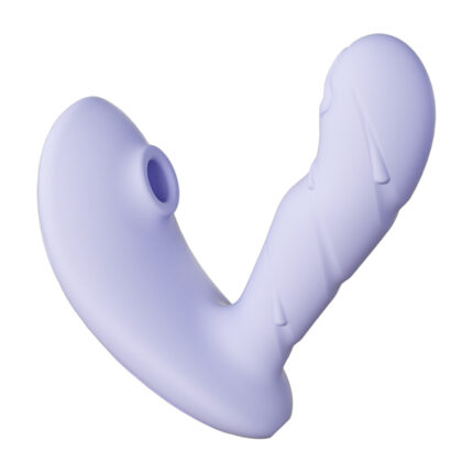 A light purple, V-shaped vibrator with a textured surface. The design includes a curved shaft and a suction cup base. Made from smooth silicone, this intimate product is tailored for comfort and versatility.