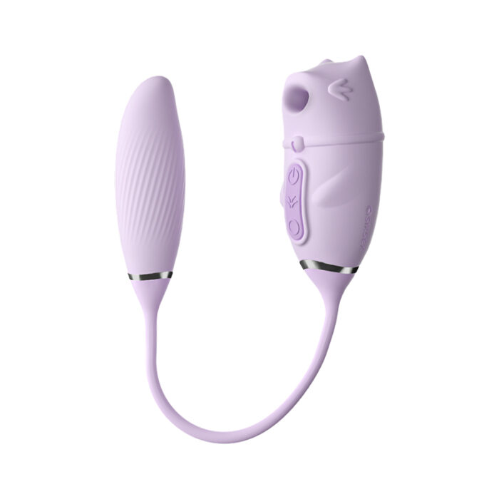 A purple, dual-ended vibrator connected by a flexible cord, designed for intimate pleasure. One end features a textured surface, while the other end has control buttons and a smooth finish.