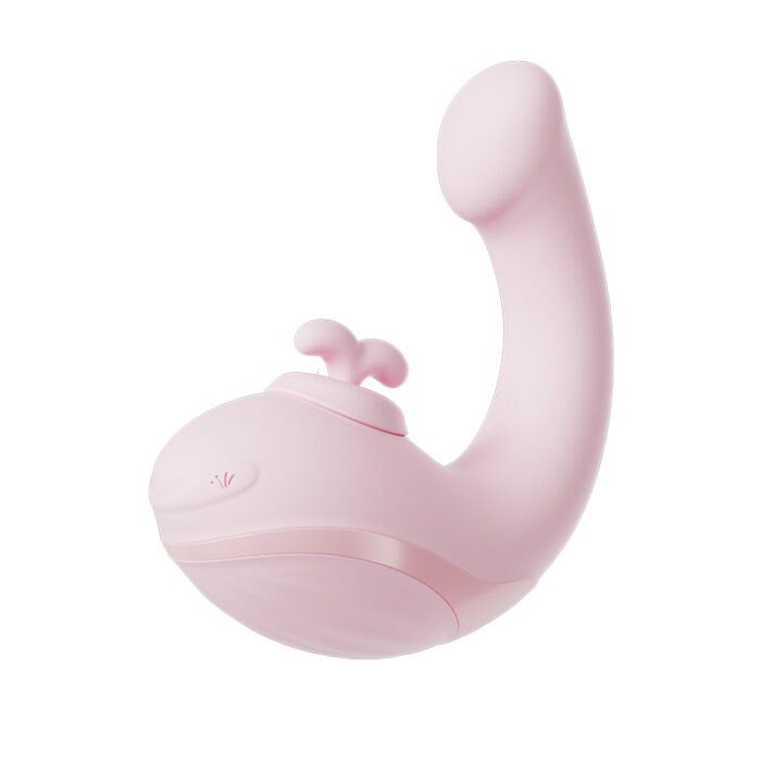 A pink, whale-shaped vibrator designed for intimate pleasure, featuring a curved body with a rounded head and small protrusions on top for enhanced stimulation. The device has a smooth finish and ergonomic design.