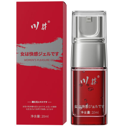 a female orgasm enhancement gel with a modern and simple design. The bottle and packaging box are primarily red, with gray and white text, giving it a high-end and stylish appearance. The bottle has a transparent cap, with the brand name and product information printed on it. The packaging box also displays the same brand logo and product description, highlighting its main functions and usage instructions. The overall design looks very professional and high-quality, suitable for female users who value effectiveness and attractive packaging.