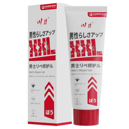 a male enhancement product with a modern and simple design. The tube and packaging box are primarily white, with red text and graphics, making it very eye-catching and stylish. The front of the box and tube displays the text “男士リーダーゲル,” indicating its primary function. The overall design looks very professional and high-quality, suitable for male users who value practical effects and attractive packaging.