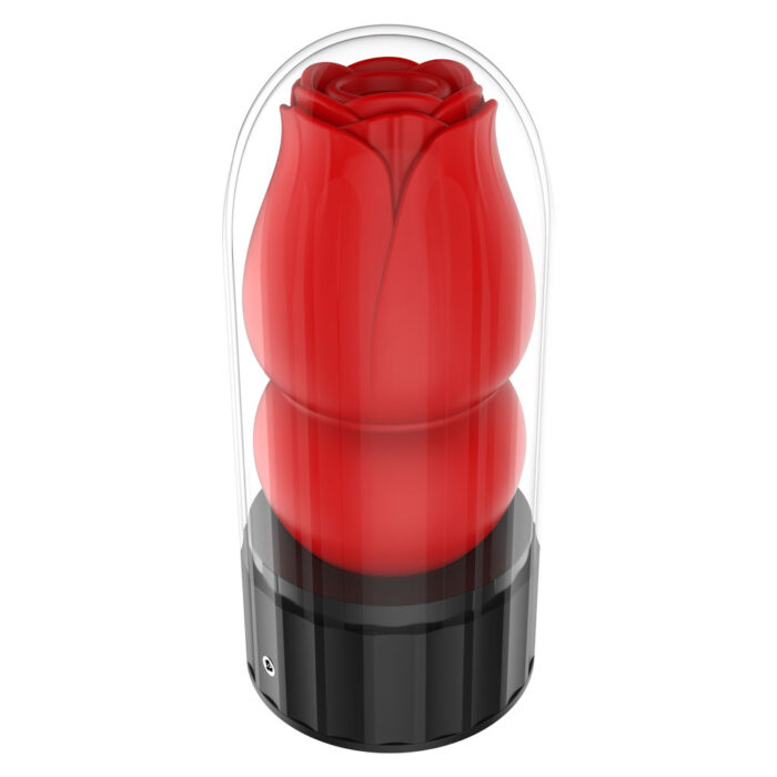 a red rose-shaped sex toy encased in a transparent plastic cover with a black base. The toy mimics a rosebud, offering a discreet and visually appealing design.