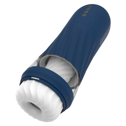 a blue exterior casing and a white, textured internal sleeve that is visible through a transparent section of the outer shell. The exterior design is ergonomic, providing a comfortable grip. There are control buttons on the side of the device, likely used to adjust various settings such as speed and intensity. This type of product is typically used for masturbation, offering different sensations and potentially vibration or suction features to enhance pleasure.