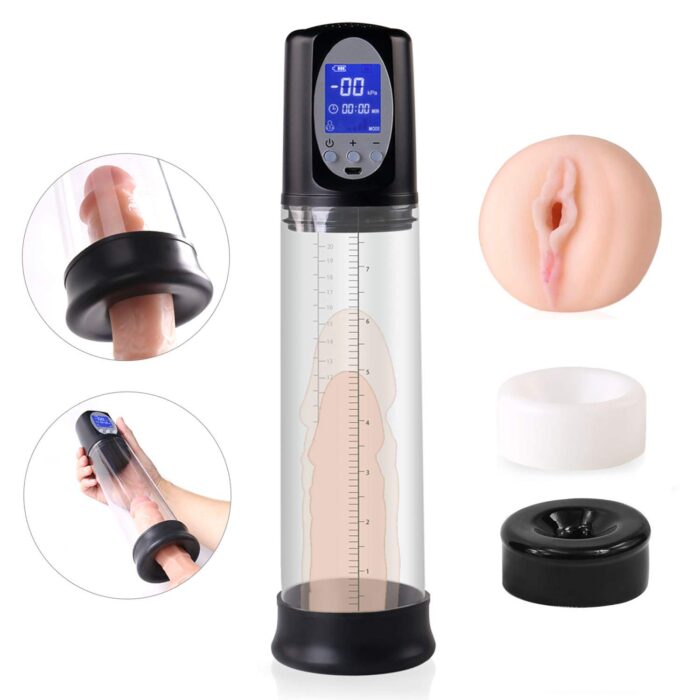 a transparent electric penis pump with a digital display for pressure control. The device includes various attachments, such as a silicone sleeve and a realistic vaginal entrance for enhanced pleasure. Inset images show different perspectives and how to use the pump, illustrating its functionality and versatility.