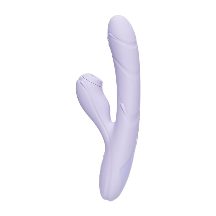 A lavender-colored dual-pronged vibrator designed for dual stimulation. The device features a smooth, curved design for comfort and effectiveness.