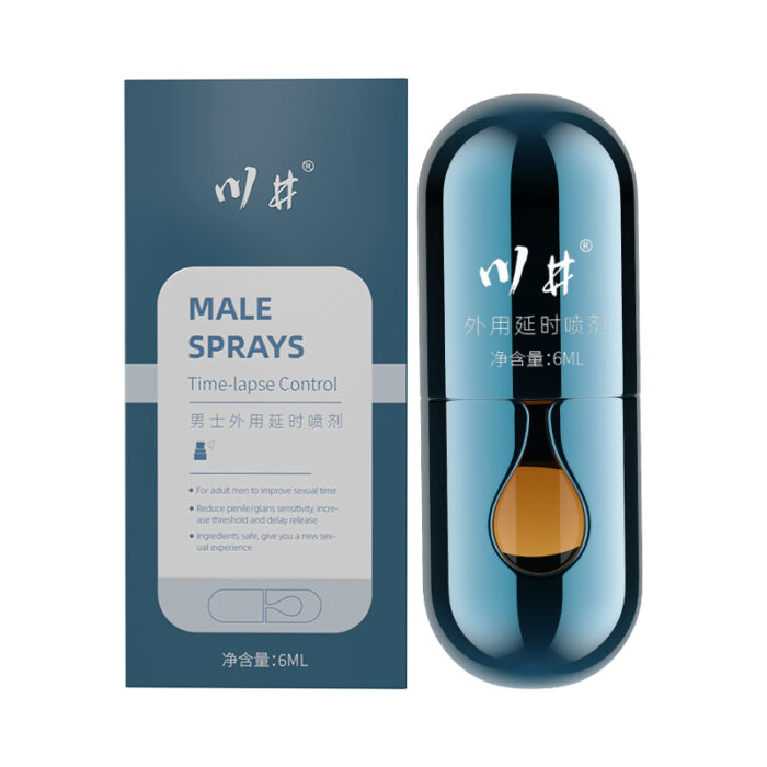 male spray product with a modern and simple design. The spray bottle and packaging box are primarily blue, giving it a high-end and stylish appearance. The spray bottle has a unique capsule-like shape, with the brand name and product information printed on it. The packaging box displays the text “MALE SPRAYS” and includes detailed usage instructions and product introduction. The overall design looks very professional and high-quality, suitable for male users who value effectiveness and attractive packaging.