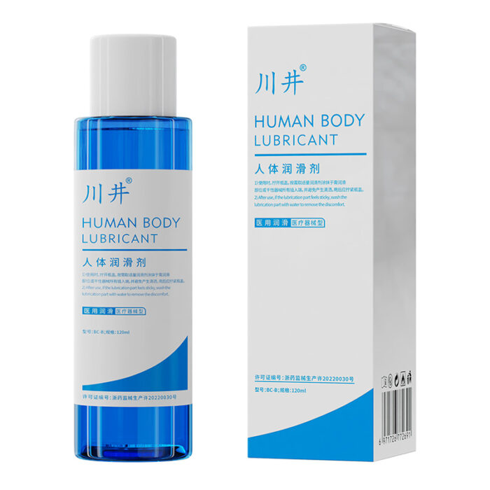 A blue bottle of "Human Body Lubricant" by 川井 stands next to its matching white and blue box. The product is designed for personal use, as indicated by the text on the packaging, which also includes product details and usage instructions