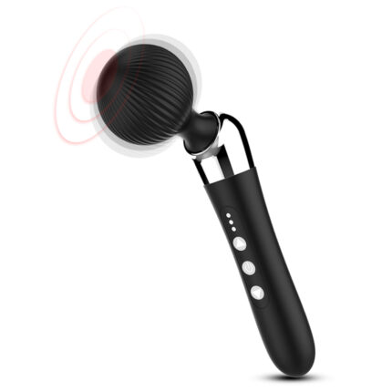 a black handheld massager with a round, textured head. The massager has three buttons on its handle for controlling different settings, likely for adjusting the intensity and modes of vibration. The design is sleek and modern, indicating it is used for personal muscle relaxation and stress relief.