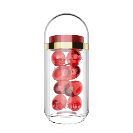 a clear capsule bottle with a red and gold-colored cap, containing multiple red capsules inside. The bottle has a simple and modern design, allowing a clear view of the capsules inside, emphasizing a clean and high-quality appearance. The red and gold cap adds a touch of luxury, making the overall design look very refined and professional. This capsule bottle is suitable for packaging health supplements or pharmaceuticals, conveying a sense of trust and safety.