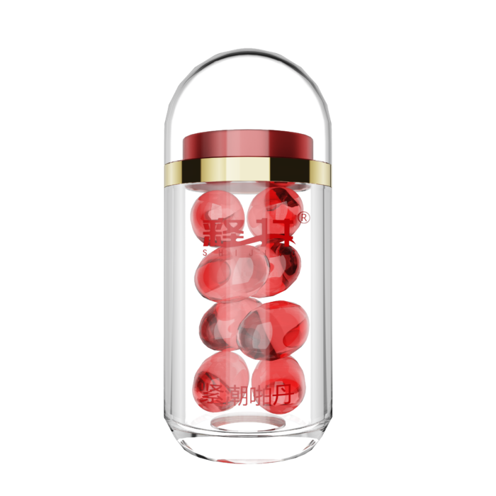 a clear capsule bottle with a red and gold-colored cap, containing multiple red capsules inside. The bottle has a simple and modern design, allowing a clear view of the capsules inside, emphasizing a clean and high-quality appearance. The red and gold cap adds a touch of luxury, making the overall design look very refined and professional. This capsule bottle is suitable for packaging health supplements or pharmaceuticals, conveying a sense of trust and safety.