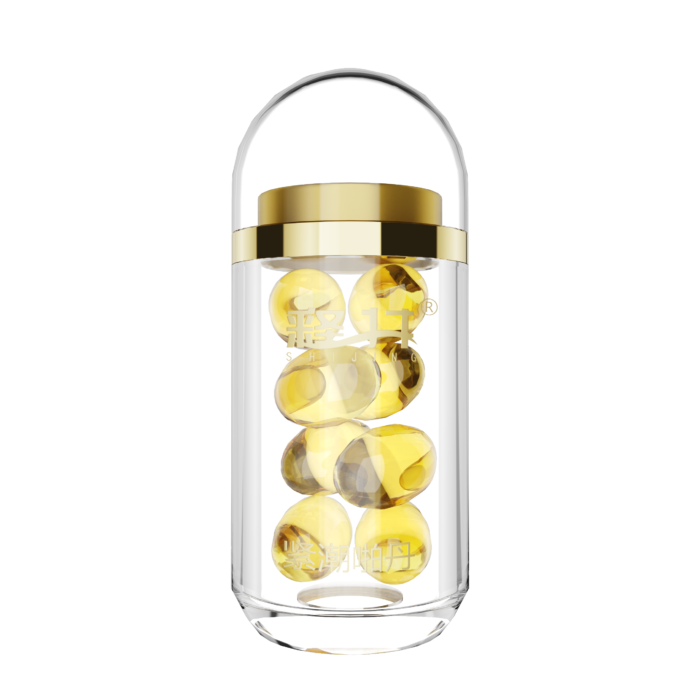 a clear capsule bottle with a gold-colored cap, containing multiple yellow capsules inside. The bottle has a simple and modern design, allowing a clear view of the capsules inside, emphasizing a clean and high-quality appearance. The gold cap adds a touch of luxury, making the overall design look very refined and professional. This capsule bottle is suitable for packaging health supplements or pharmaceuticals, conveying a sense of trust and safety.