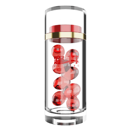 a clear capsule bottle with a red and gold-colored cap, containing multiple red capsules inside. The bottle has a simple and modern design, allowing a clear view of the capsules inside, emphasizing a clean and high-quality appearance. The red and gold cap adds a touch of luxury, making the overall design look very refined and professional. This capsule bottle is suitable for packaging health supplements or pharmaceuticals, conveying a sense of trust and safety.