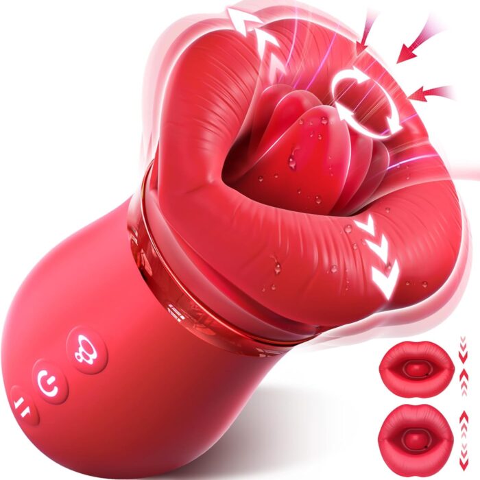 a red silicone oral sex simulator designed to resemble a pair of lips. The device includes several buttons for control, offering multiple modes of suction and vibration for enhanced pleasure. The inset images illustrate the realistic texture and function of the product, showcasing its ability to provide an immersive and stimulating experience.