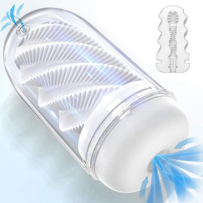 a transparent male masturbator with an intricate spiral design inside. The device is shown with arrows indicating airflow and a smaller inset image highlighting the internal texture. The overall look is sleek and modern, suggesting advanced features for enhanced stimulation.