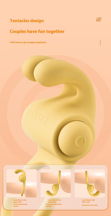 a yellow massager with a unique and innovative design. The massager resembles a snail in shape, with a smooth surface, giving it a very high-end and professional appearance. There is a round button on the device for easy operation. The overall design looks very refined and user-friendly, suitable for users who value both functionality and aesthetics in their products.