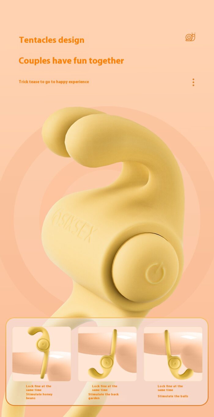 a yellow massager with a unique and innovative design. The massager resembles a snail in shape, with a smooth surface, giving it a very high-end and professional appearance. There is a round button on the device for easy operation. The overall design looks very refined and user-friendly, suitable for users who value both functionality and aesthetics in their products.